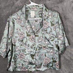Joie Womens Large Silk Button Down Pajamas 1 Piece Botanical Floral Lounge Cozy